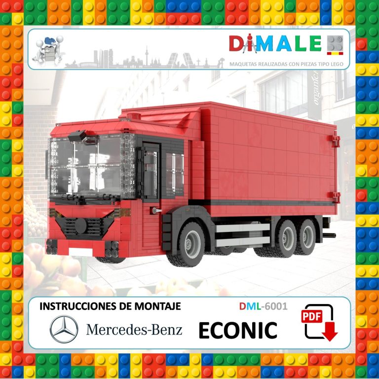 Camión de juguete rojo de Lego, modelo Mercedes Benz Econic, con instrucciones de montaje.
