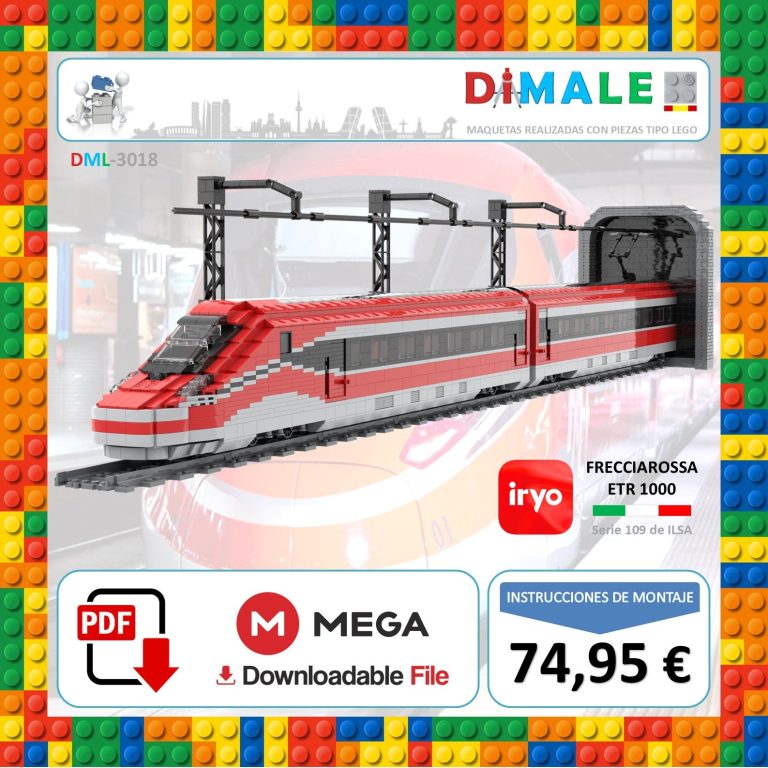 Modelo de tren en bloques de construcción, con detalles en rojo y gris.