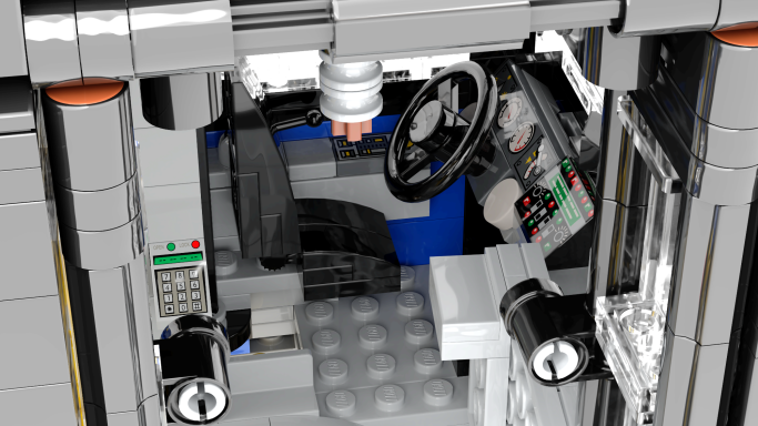 Interior de un vehículo de Lego, con volante, asientos y panel de control.