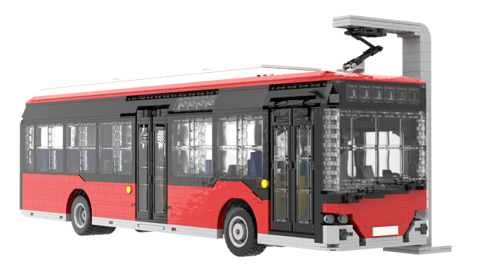 Autobús urbano rojo y negro con diseño moderno y techo elevado para carga eléctrica.