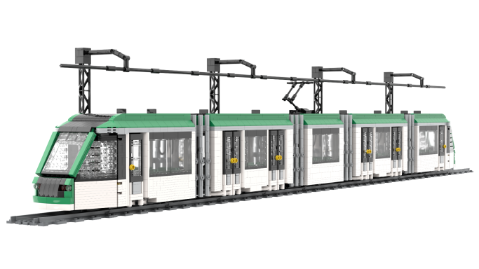 Tren de juguete de color blanco y verde, con detalle en los vagones y líneas eléctricas.