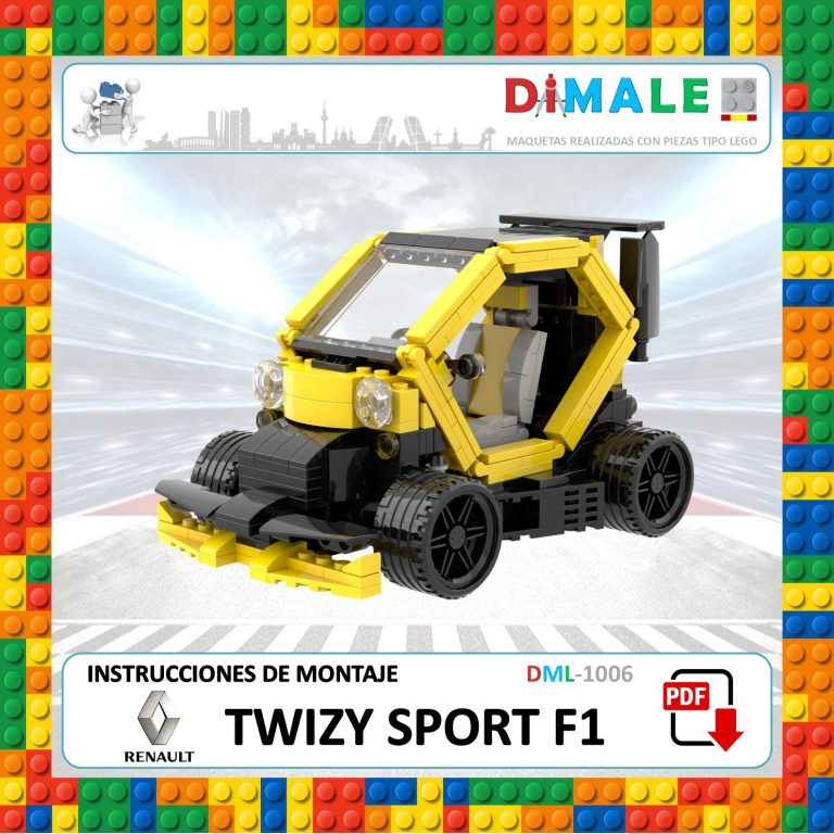 Maqueta de un coche Twizy Sport F1 en colores amarillo y negro hecha con bloques de construcción.