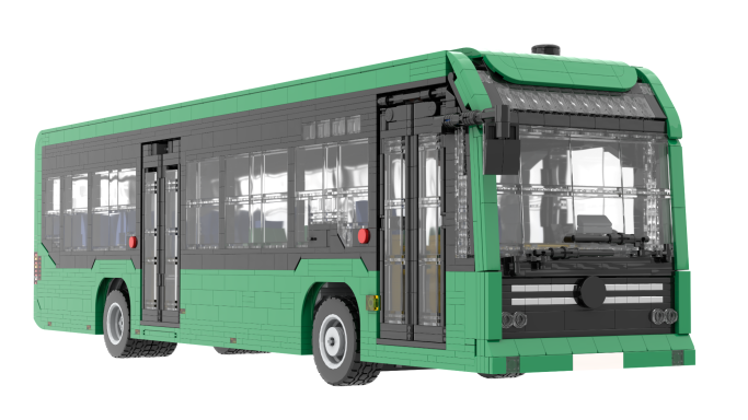 Autobús de juguete verde con detalles en negro y ventanas transparentes.