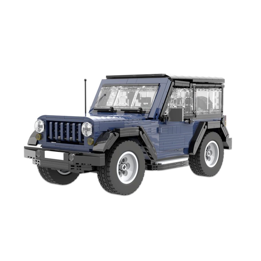 Vehículo todoterreno azul con detalles en negro y techo desmontable.