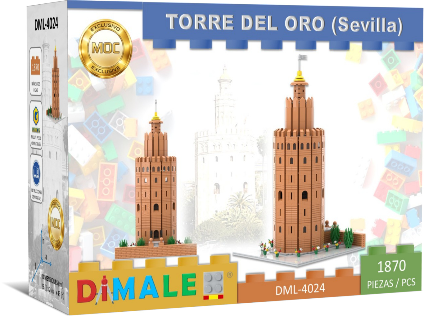 Maqueta de la Torre del Oro de Sevilla en una caja, con piezas de construcción.