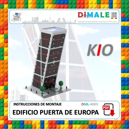 Instrucciones Puerta Europa Kío Modelo del edificio Puerta de Europa, llamado KIO, con diseño inclinado y detalles arquitectónicos.