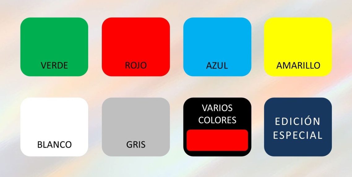 Paletas de colores: verde, rojo, azul, amarillo, blanco, gris, negro y edición especial.