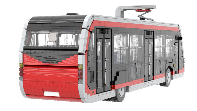 Autobús urbano de diseño moderno con colores rojo y gris.