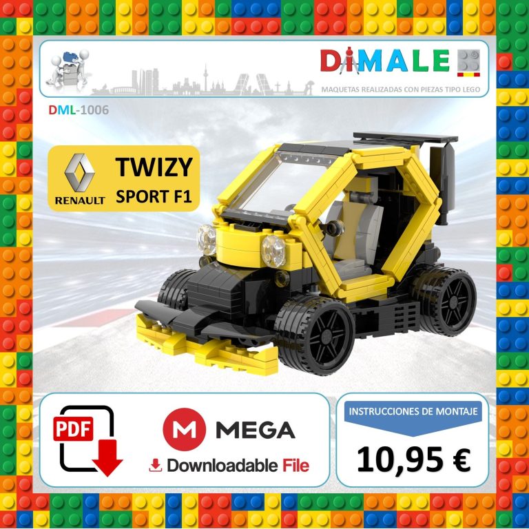Modelo de LEGO del Renault Twizy Sport, en amarillo y negro, con precio indicado.