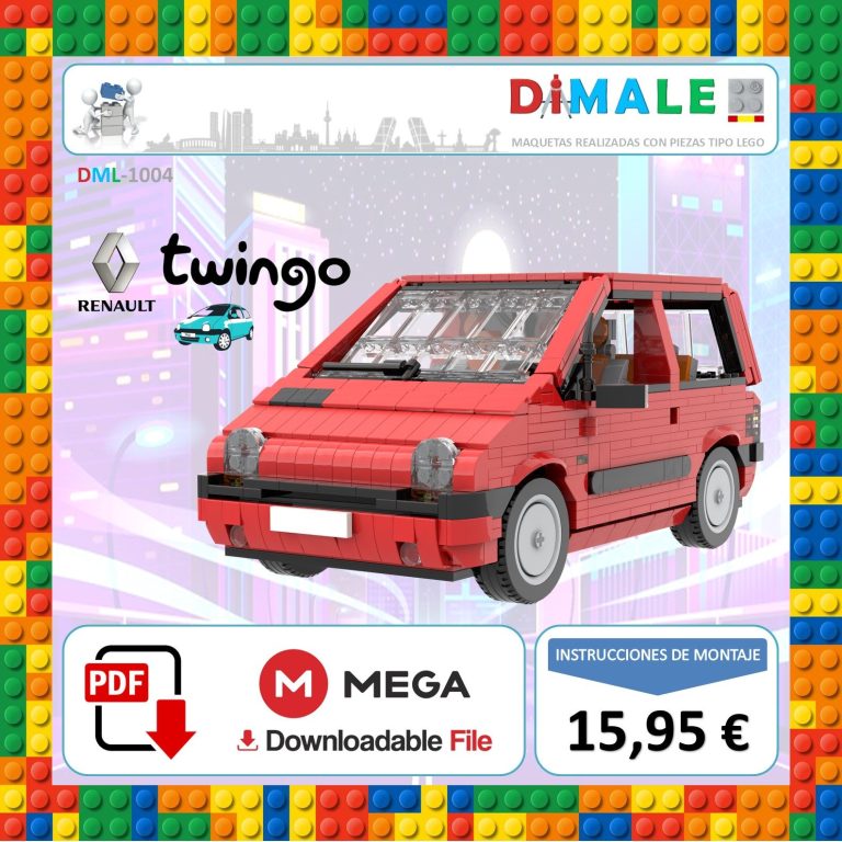 Maqueta de un coche Twingo de LEGO en color rojo sobre un fondo colorido.
