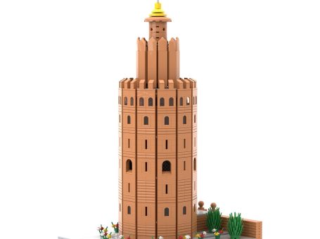 Torre de arquitectura estilizada con detalles en amarillo y un fondo de figuras pequeñas.