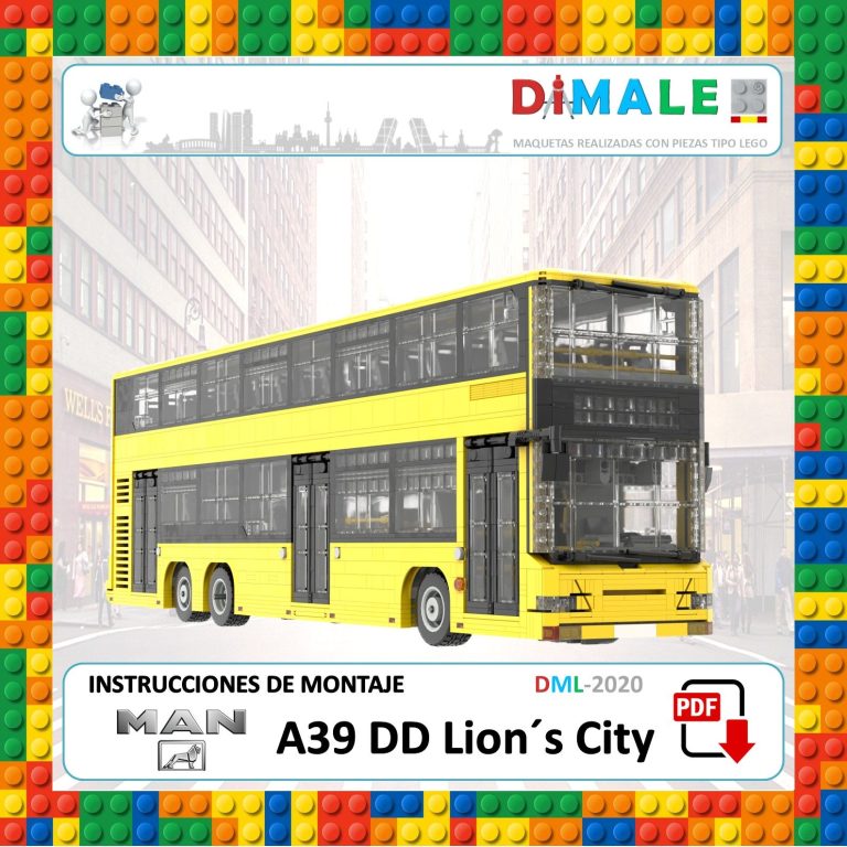 Autobús de dos pisos amarillo con detalles de construcción en fondo colorido.