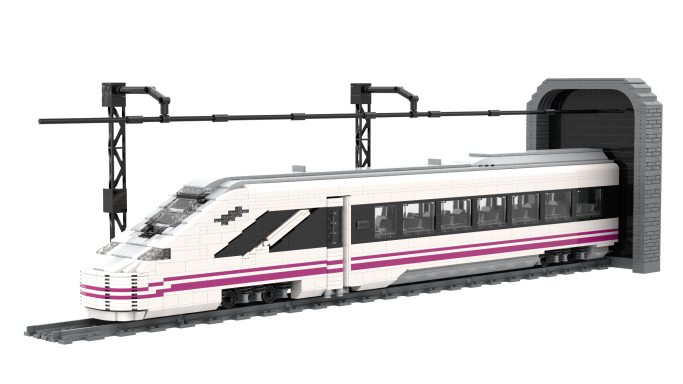 Tren de modelo blanco y rosa saliendo de un túnel.