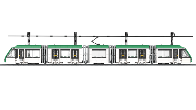 Tren de tranvía con carrocería blanca y detalles verdes, vista lateral.