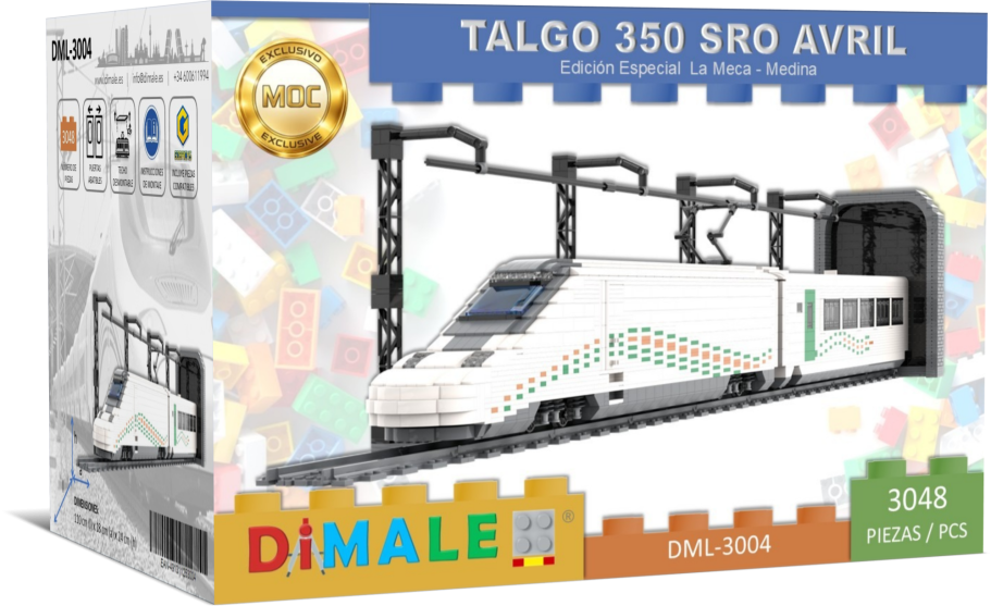 Tren Alta Velocidad Talgo 350 SRO Avril Lego MOC Maqueta del tren Talgo 350 SRO Avril en su caja, con detalles técnicos visibles.