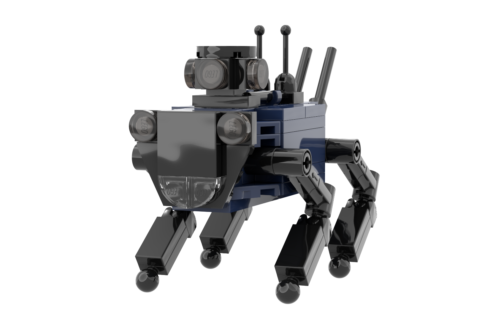 Robot con forma de perro, con patas articuladas y varias antenas en la parte superior.