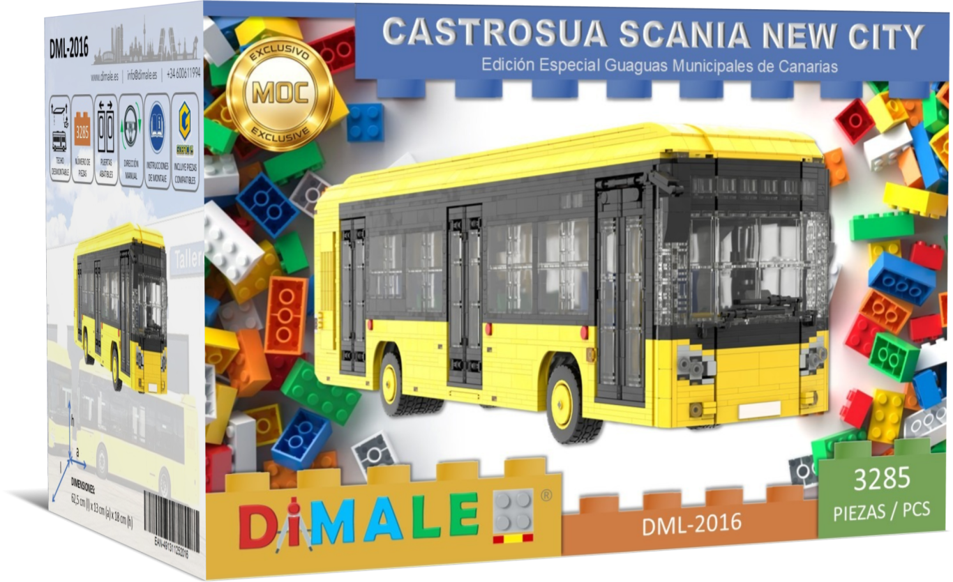Maqueta de autobús Castrosua Scania New City en bloques de construcción de colores.