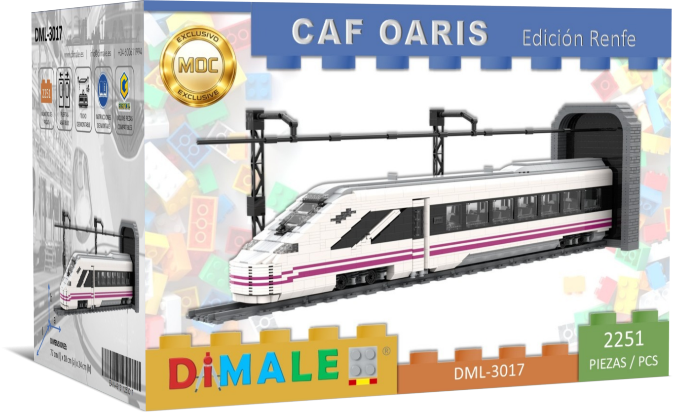 Maqueta de tren CAF OARIS Renfe en caja de presentación, diseño moderno y colores llamativos.