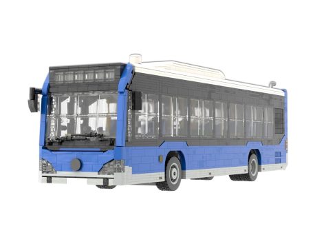 Autobús de diseño moderno en color azul y blanco con puertas abiertas.
