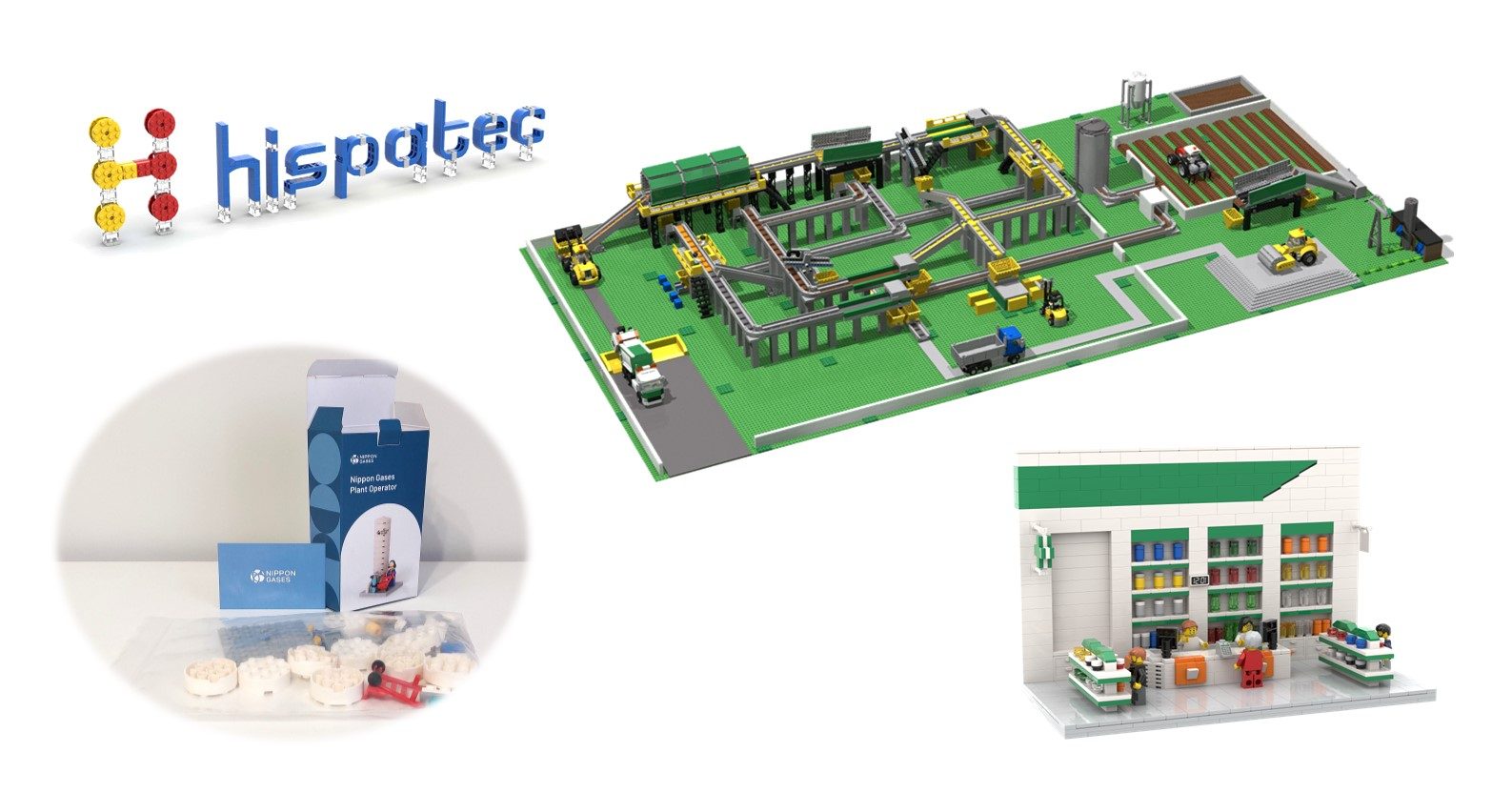 Maqueta de un proyecto con un logo, productos y una farmacia en miniatura.