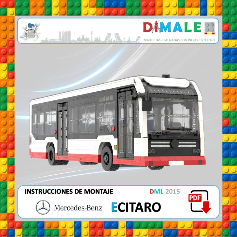 Autobús de juguete con detalles de diseño, cajas y texto de montaje. Marca Mercedes-Benz.