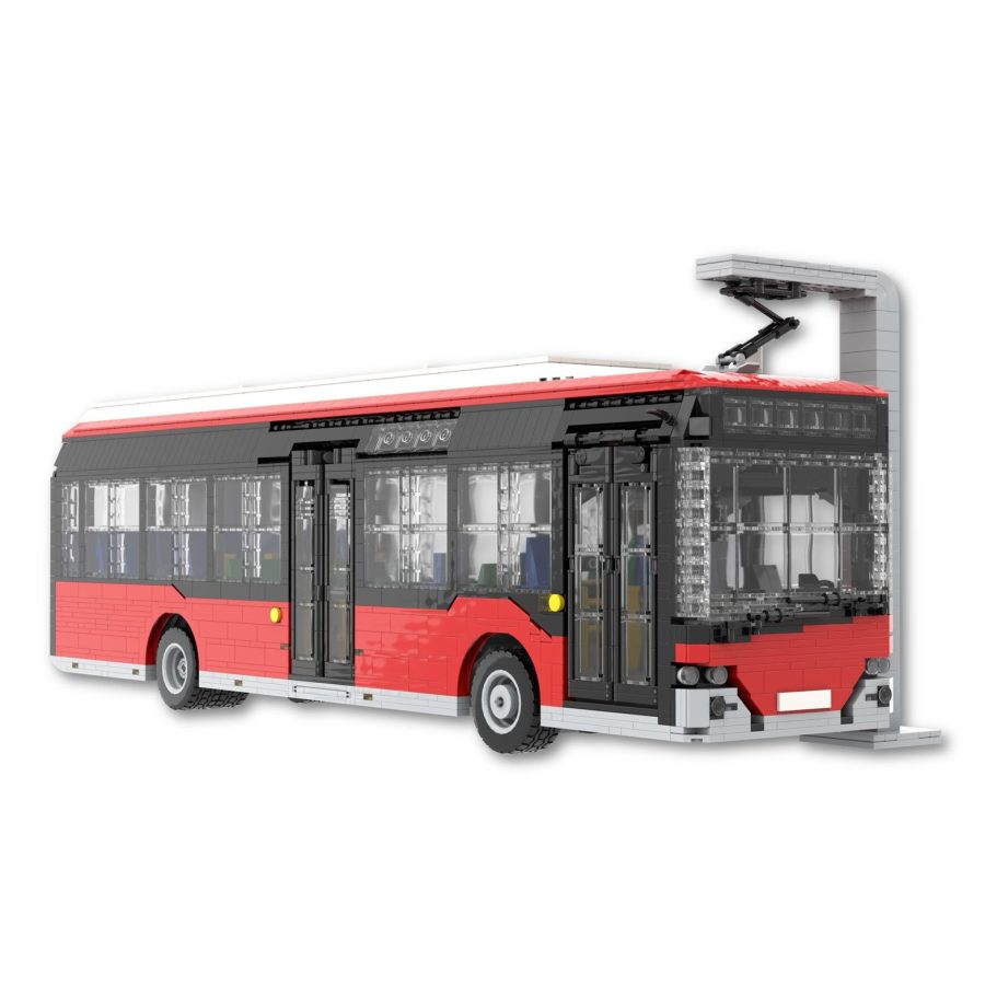 Autobús de diseño moderno, rojo y negro, con puerta y detalle de carga en el techo.
