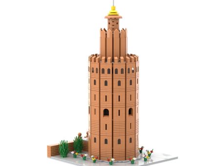 Torre de estilo medieval construida con ladrillos, adornada con un pináculo dorado.