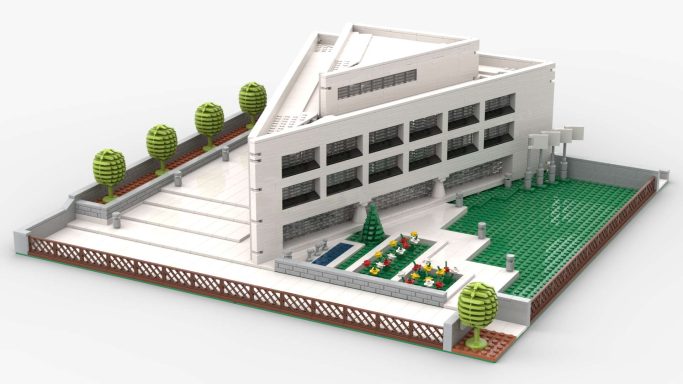 Vista en 3D de un edificio moderno con jardines y áreas deportivas.