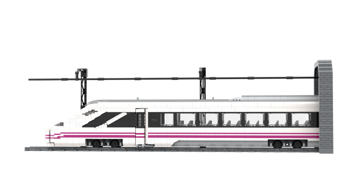 Tren de alta velocidad en una estación, con ventanas y decoración en tonos blancos y rosas.
