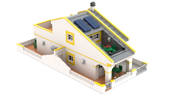 Casa moderna de dos pisos con paneles solares y jardín.
