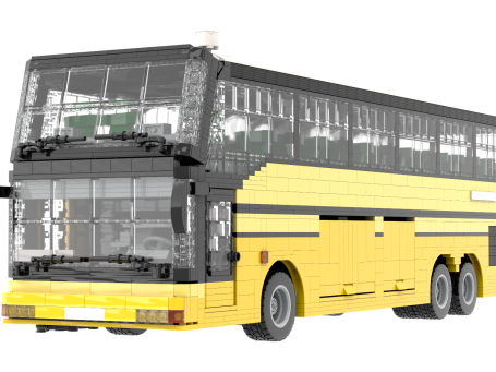 Autobús de Lego amarillo con ventanas grandes y diseño de dos pisos.