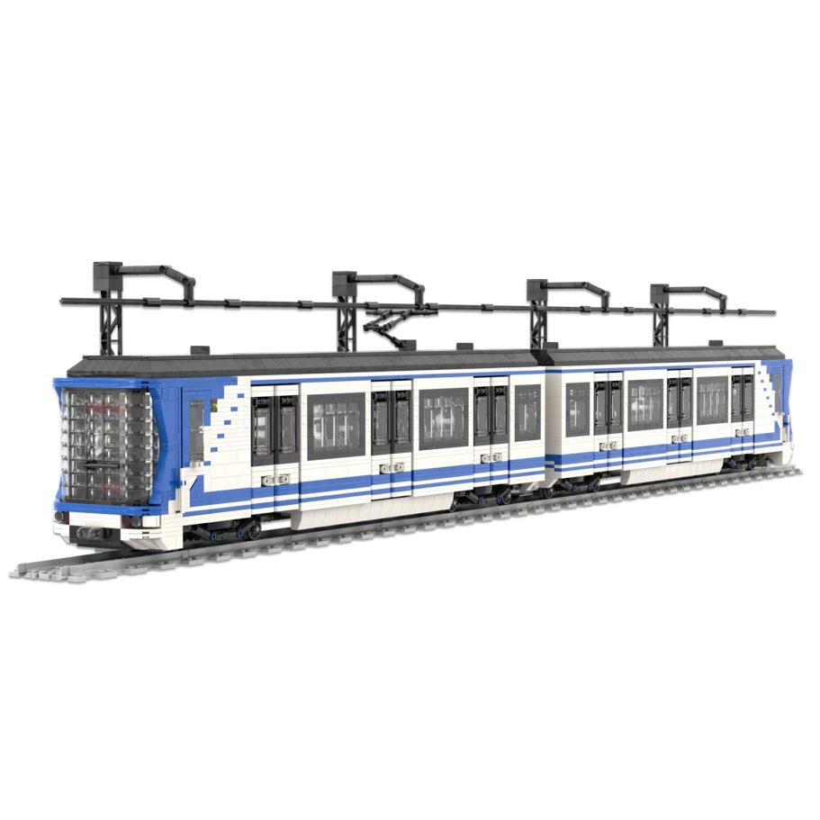 Trenes de Metro Tren de diseño moderno en azul y blanco, sobre rieles con pantógrafos.