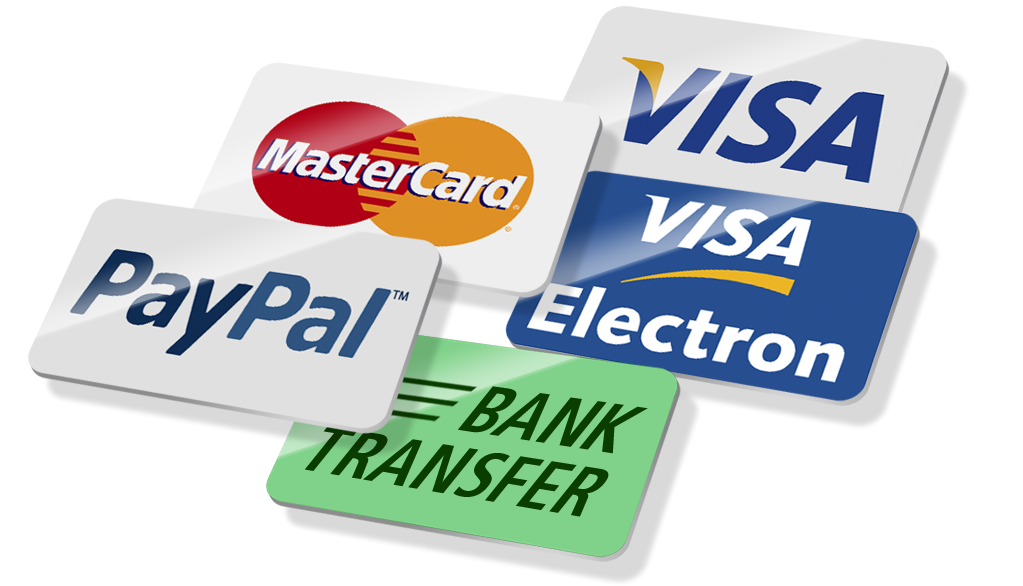 Logos de métodos de pago: MasterCard, Visa, PayPal, Visa Electron y transferencia bancaria.