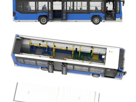 Modelo de autobús azul con interior visible y asientos en disposición típica.
