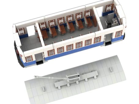 Modelo de tranvía en 3D, mostrando un interior con asientos y un compartimento de conductor.