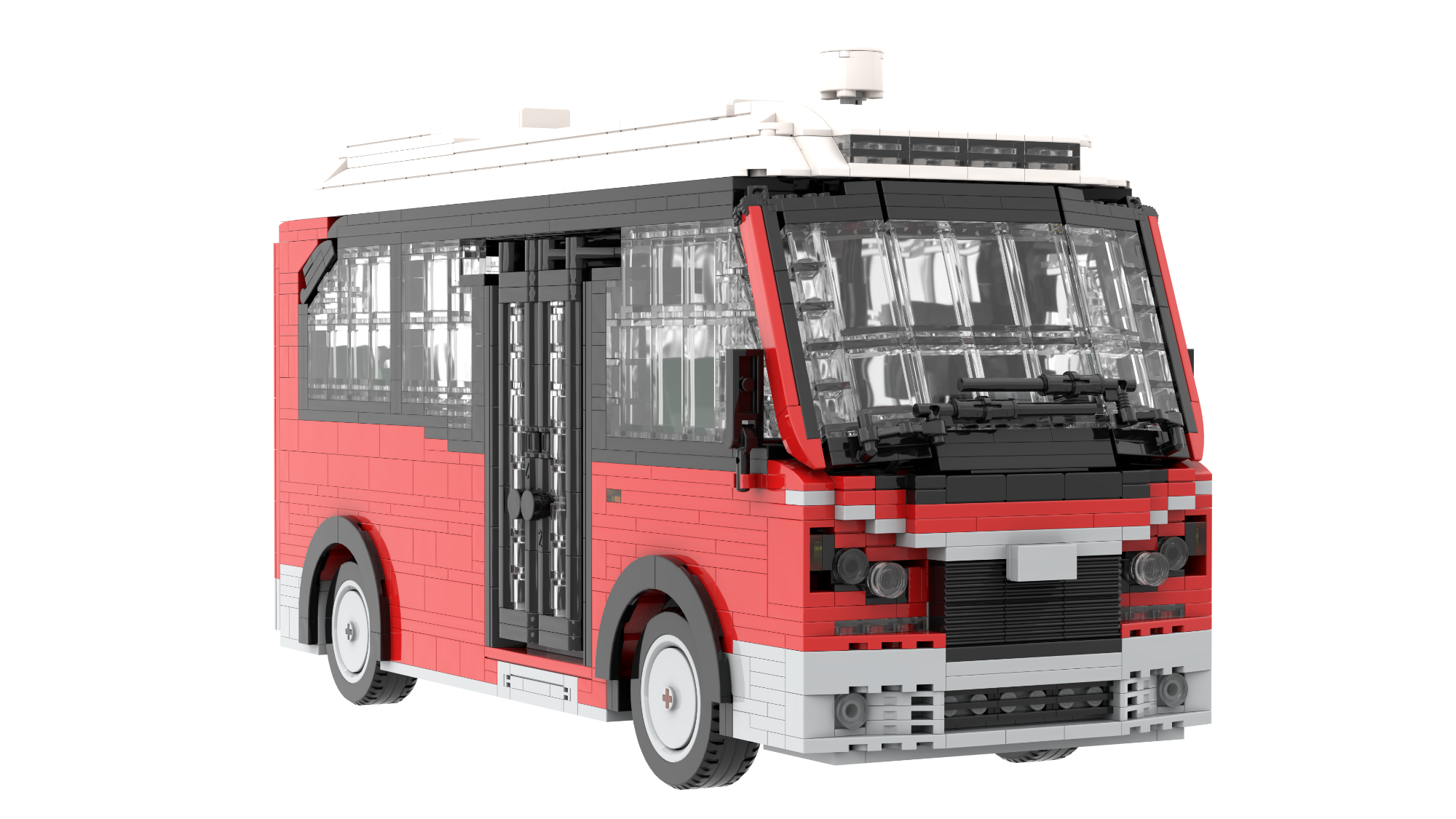 Autobús de juguete LEGO rojo y negro con ventanas transparentes.