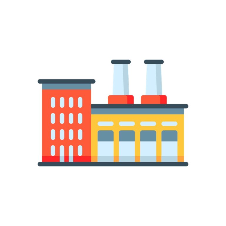 Fábrica con chimeneas y un edificio de color rojo y amarillo.