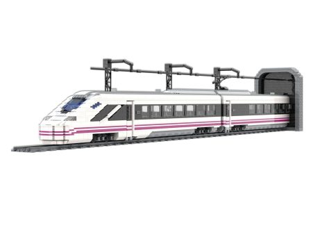 Tren de alta velocidad blanco y rosa saliendo de un túnel.