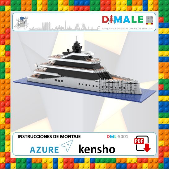 Instrucciones Azure Kensho Yate de lujo detallado en colores blanco y negro, con fondo azul.