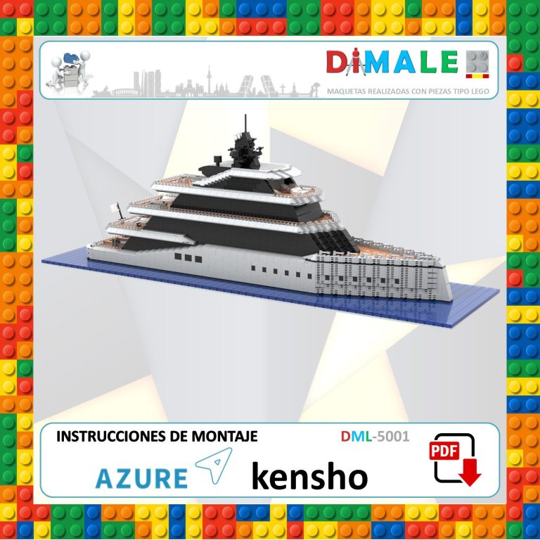 Yate de lujo Azure Kensho modelo en construcción, con detalles en blanco y negro sobre fondo azul.