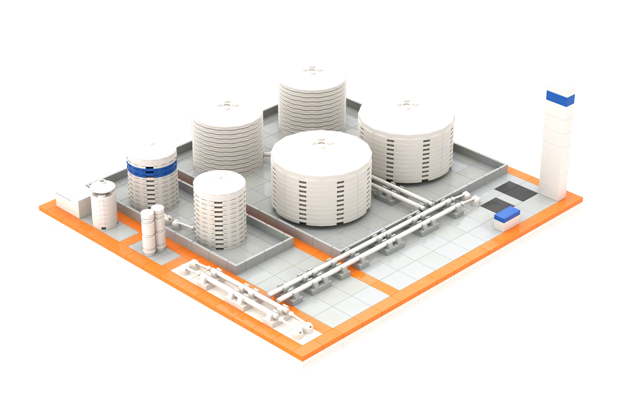 Planta industrial con tanques, tuberías y chimenea en un diseño simplificado.