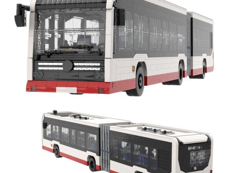 Autobús de juguete en diseño moderno, con detalles en rojo y blanco.