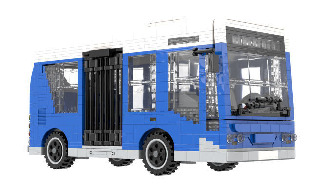 Autobús de juguete diseñado con bloques de construcción en colores azul y negro.