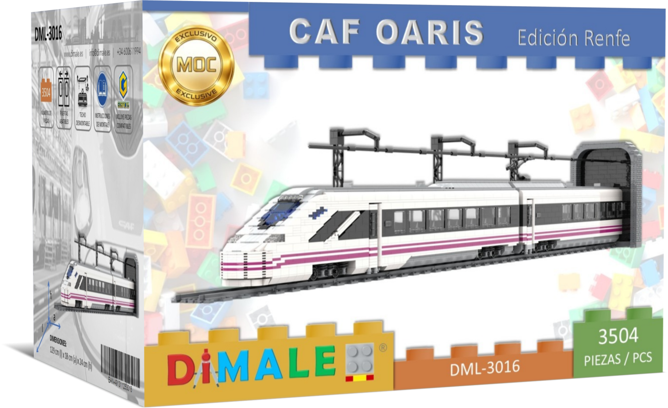 Maqueta de tren CAF OARIS Renfe en caja de presentación, diseño moderno y colores llamativos.