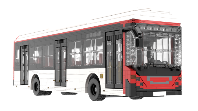 Autobús urbano con diseño moderno en blanco y rojo con amplias ventanas.
