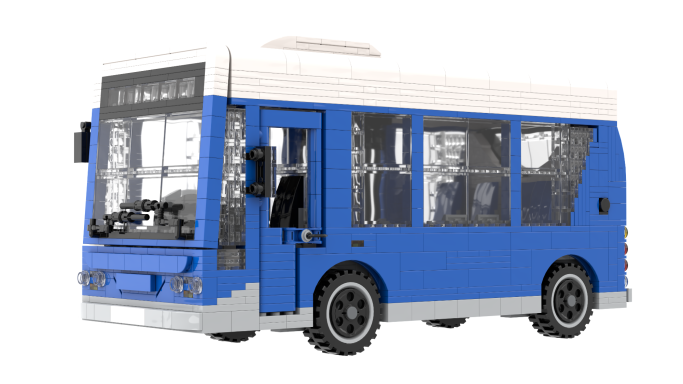 Autobús de juguete azul con detalles en blanco y ventanas transparentes.