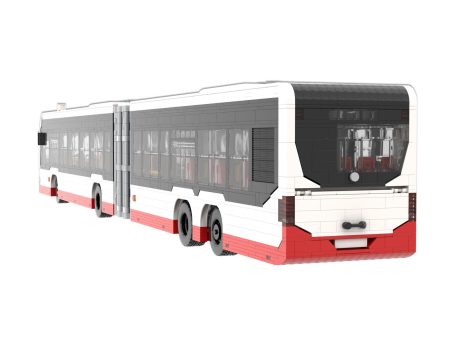 Autobús articulado de color blanco y rojo, con diseño moderno y ventanas panorámicas.