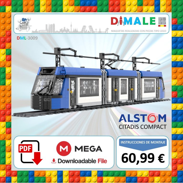 Tren de juguete Alstom Citadis Compact en un fondo colorido de bloques.