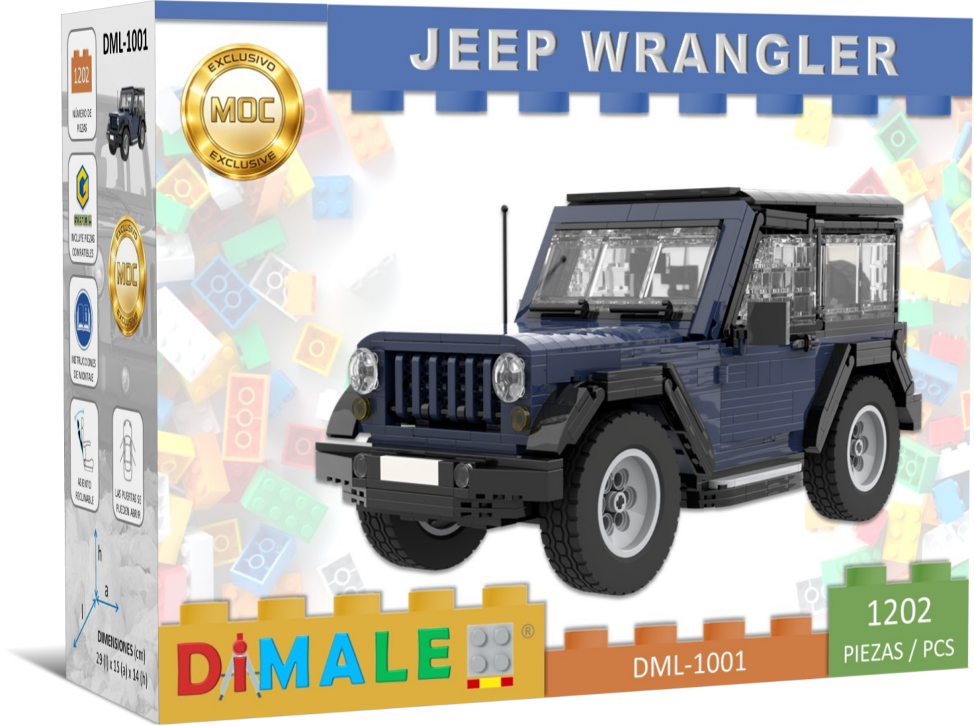 Caja de un modelo a escala de un Jeep Wrangler azul, con piezas de construcción.