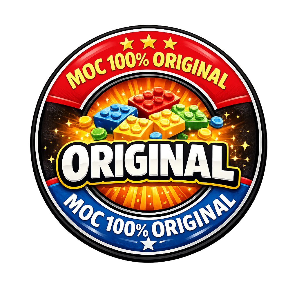 Sello colorido con texto "MOC 100% Original" y bloques de juguete en el fondo.